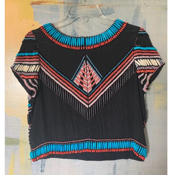 Karina Grimaldi Black/Turquoise/Coral Southwest Beaded Top - Small - Picture 3 of 5